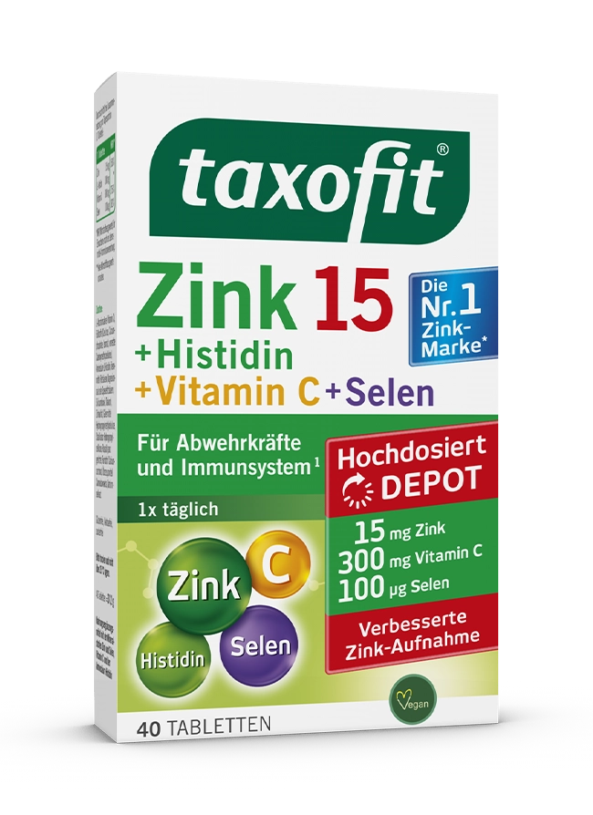 <i>taxofit®</i> Zink 15 + Histidin + Selen Depot Tabletten <i>taxofit®</i> Zink 15 + Histidin + Selen Depot Tabletten