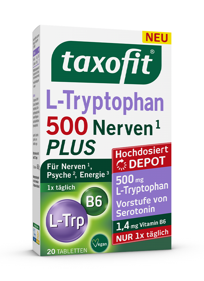 <em>taxofit®</em> L-Tryptophan 500 Nerven<sup>1</sup> PLUS <em>taxofit®</em> L-Tryptophan 500 Nerven<sup>1</sup> PLUS