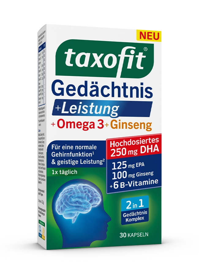 <em>taxofit®</em> Gedächtnis + Leistung + Omega 3 + Ginseng <em>taxofit®</em> Gedächtnis + Leistung + Omega 3 + Ginseng